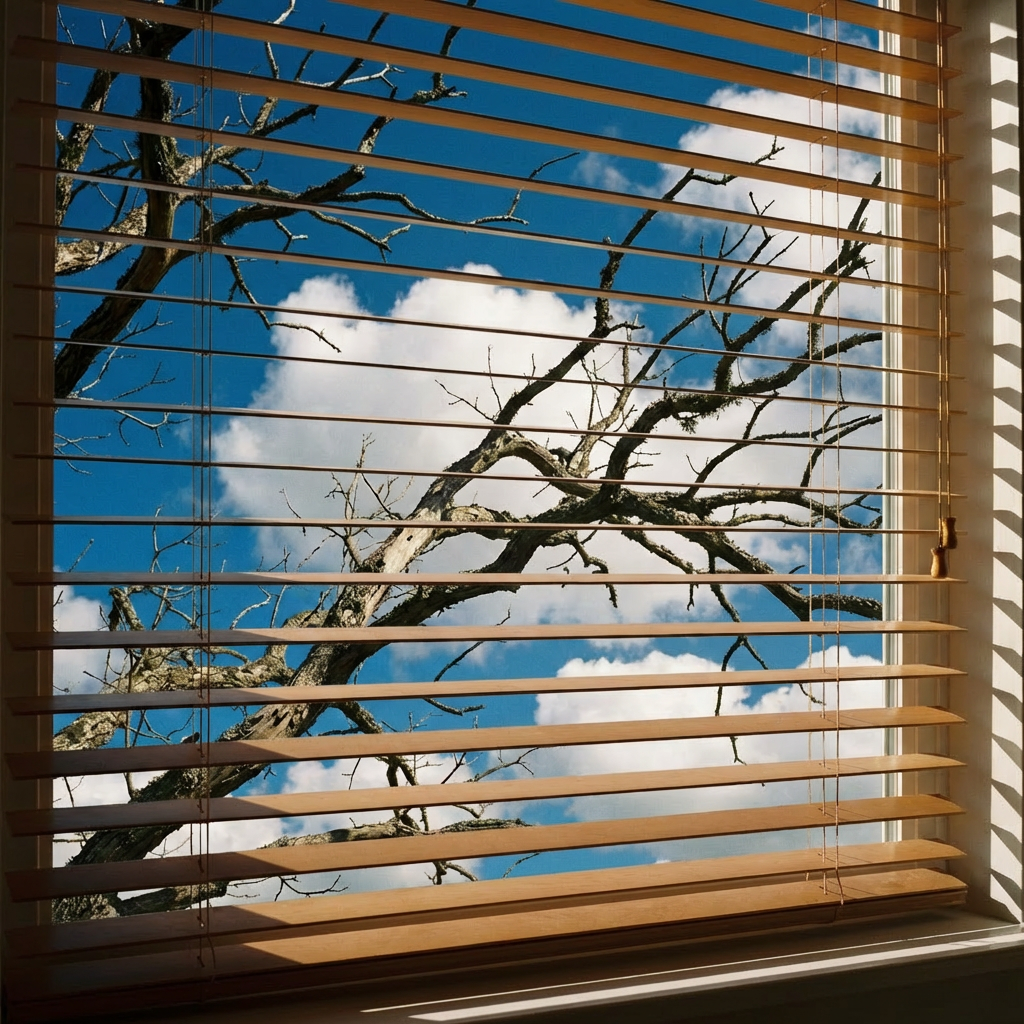Bare tree branches reaching across a bright blue sky with puffy white clouds.