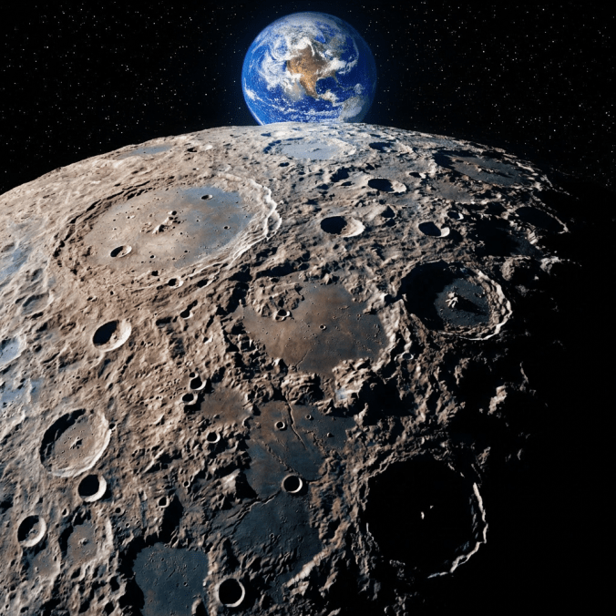 The Moon's cratered surface in the foreground with Earth visible in the dark starry background.