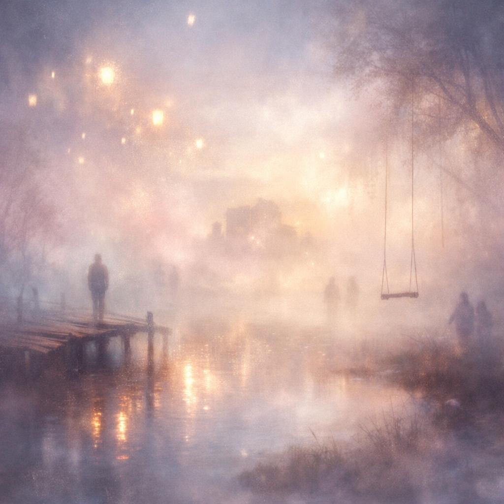 Misty lakeside with glowing lights, wooden dock, swing, and silhouetted figures