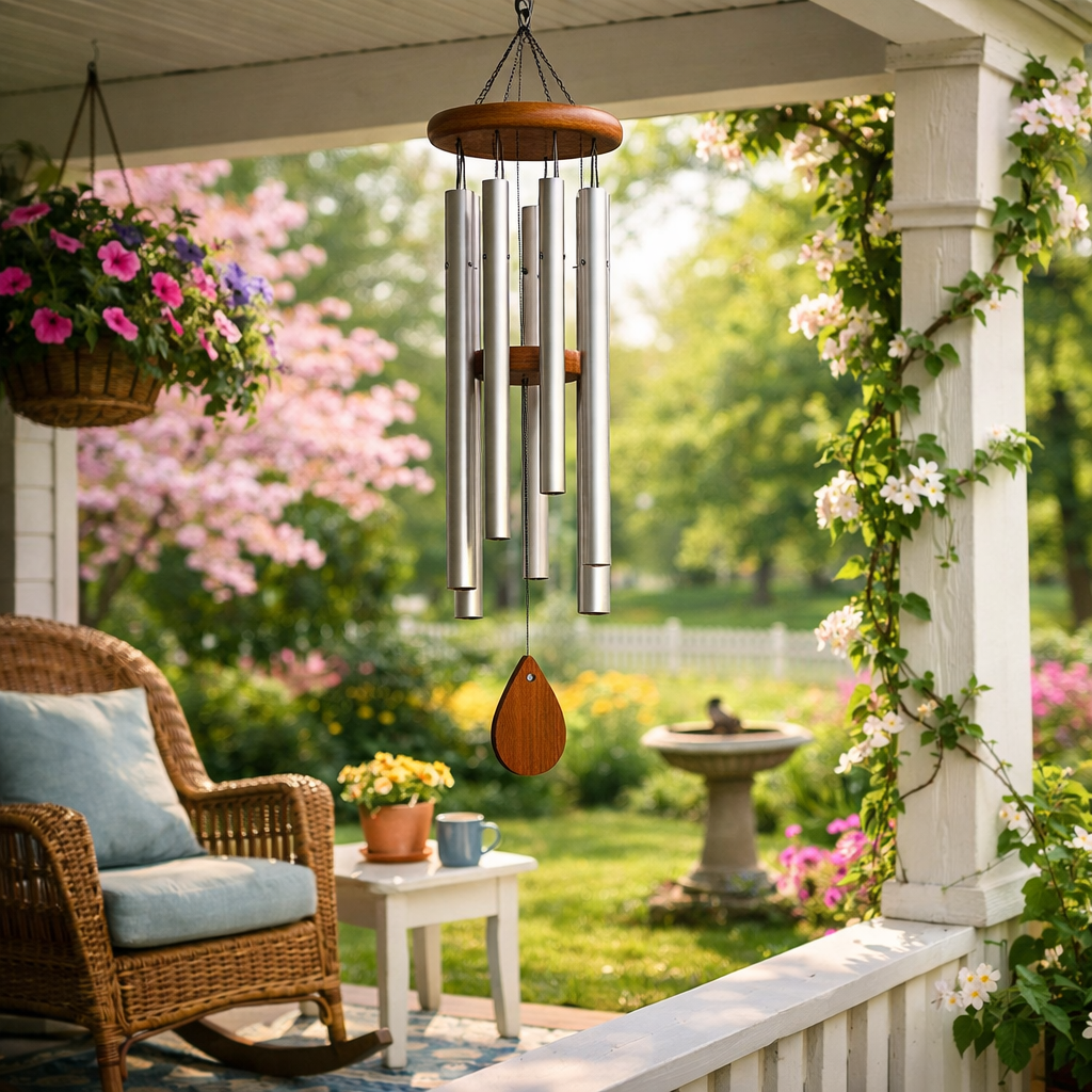 Wicker rocking chair on porch with wind chimes hanging, flowers, and garden view
