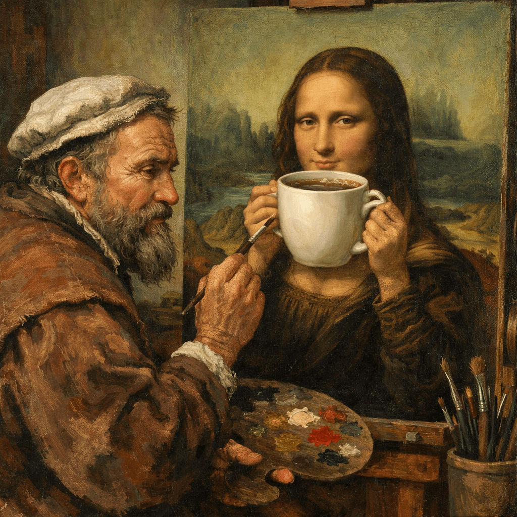 Artist painting Mona Lisa holding a large coffee cup