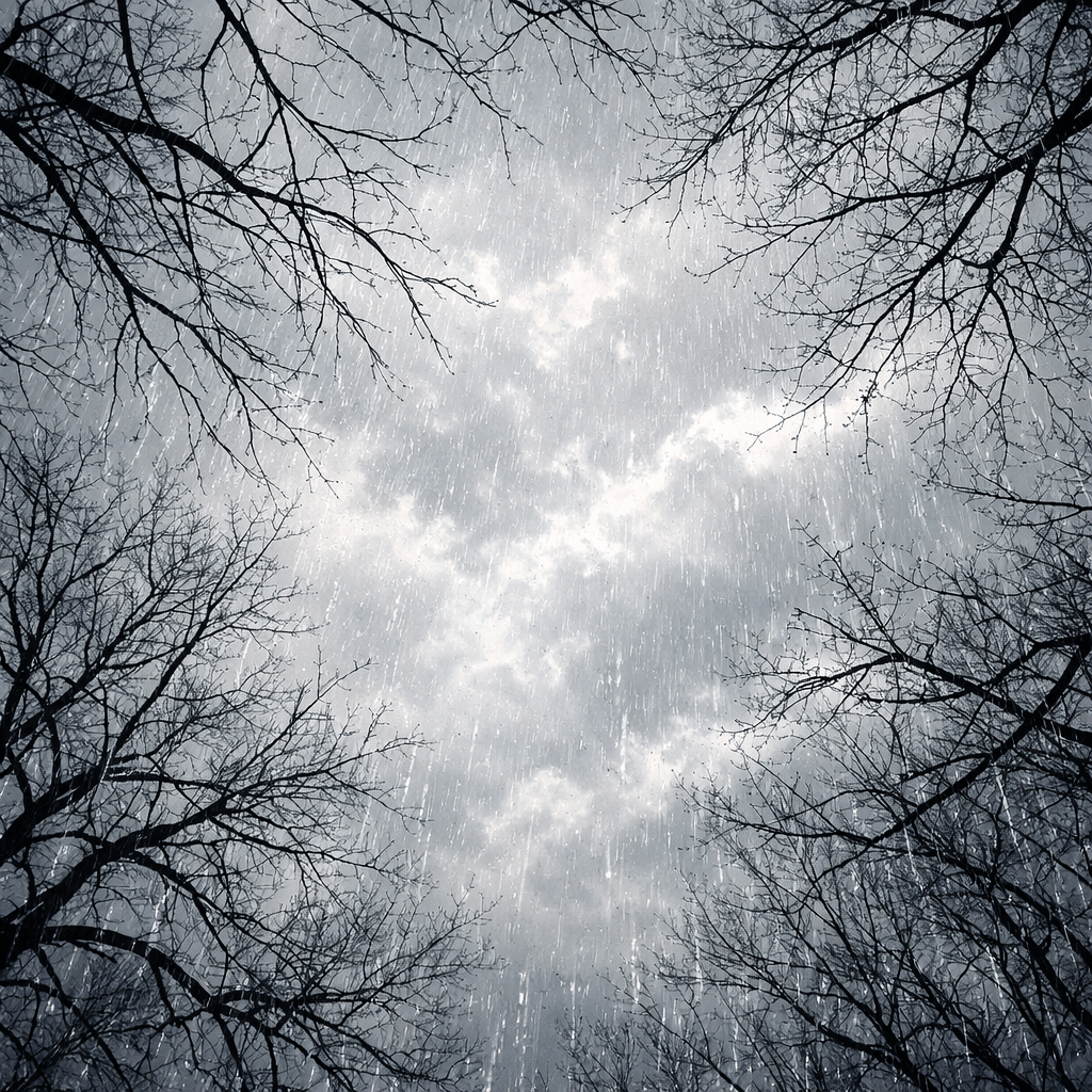 Raindrops falling from a cloudy sky with bare tree branches around the edges