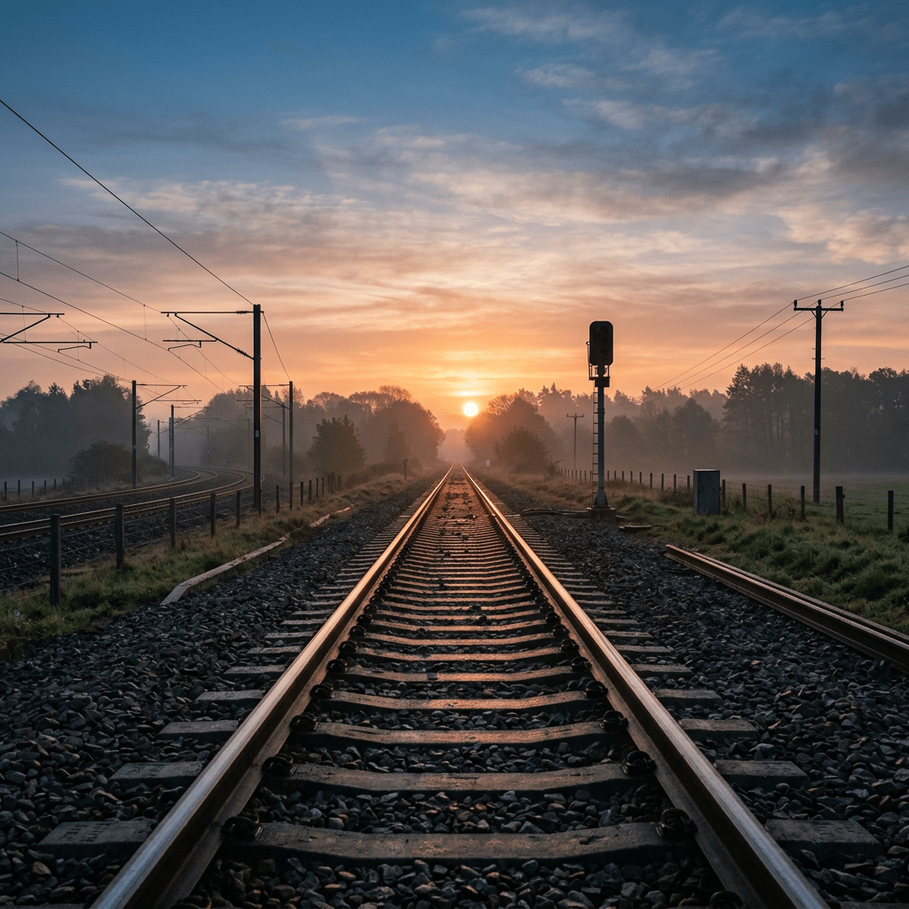 Railway tracks extending toward the sunrise with mist and trees in the background