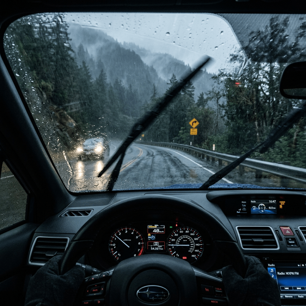 View of a wet, winding mountain road through a car windshield with rain and active wipers, dashboard visible.