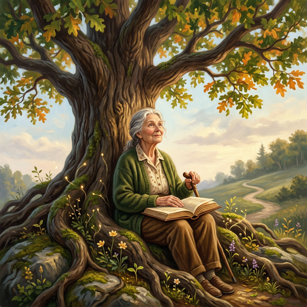 Elderly woman sitting under a large tree reading a book in a natural setting