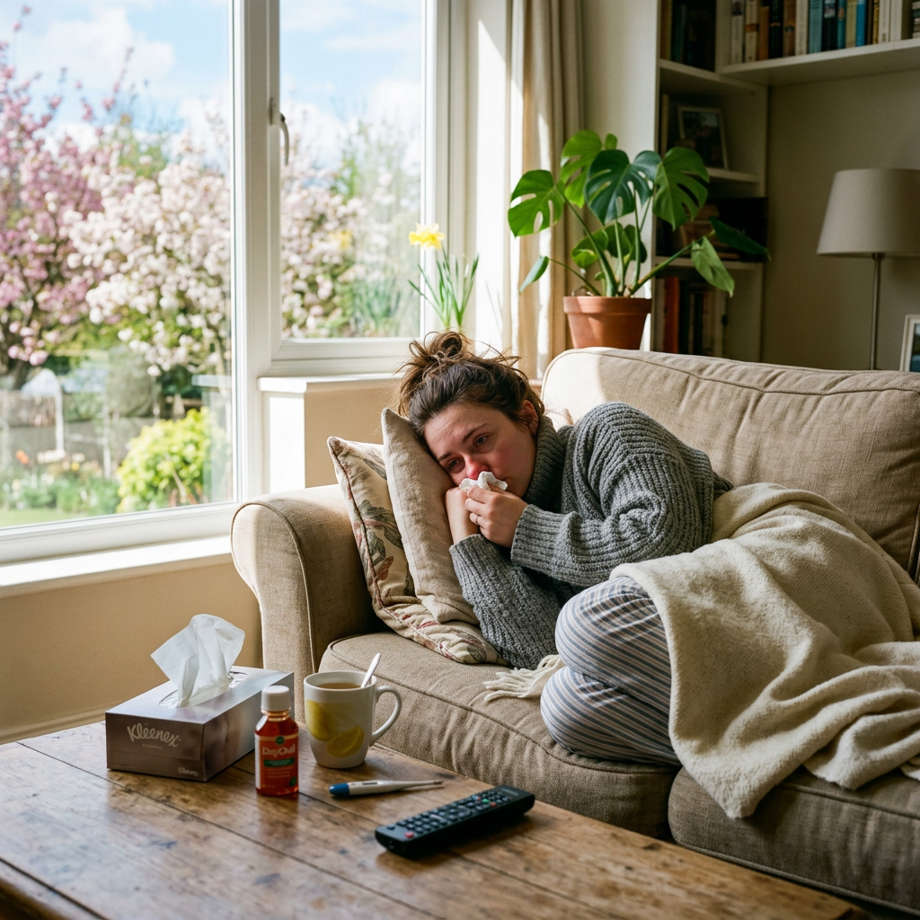 Woman with cold on sofa, sunny spring outside