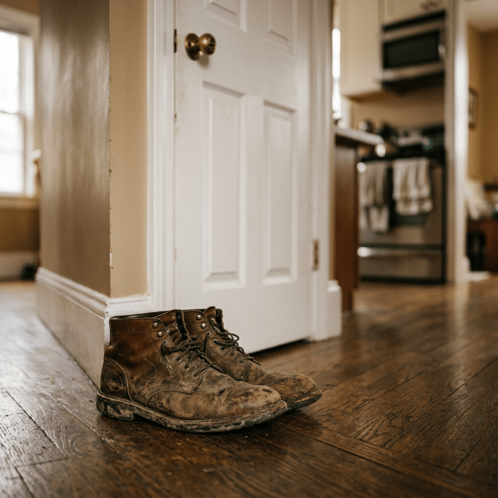 Pair of worn brown leather boots on wooden floor next to white door