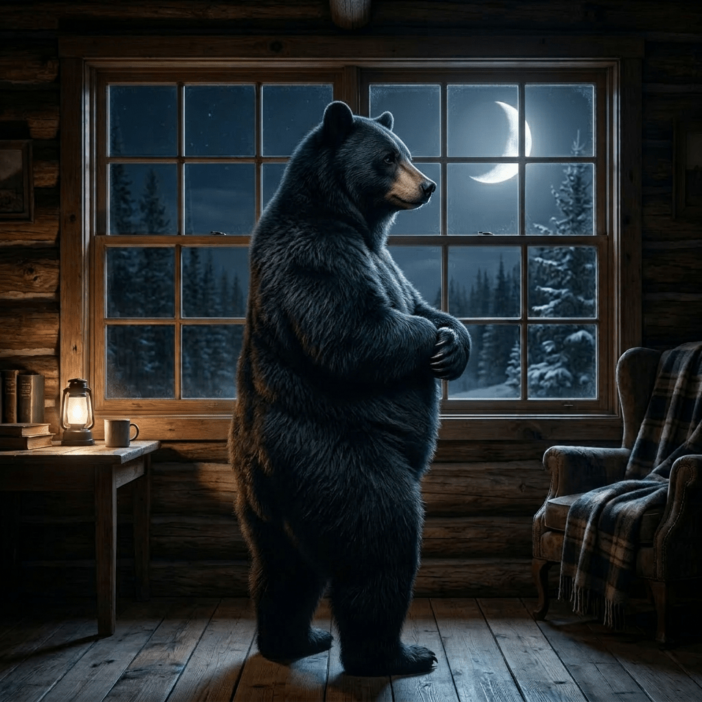 Bear wearing plaid shirt standing inside wooden cabin looking out window at full moon and snowy trees