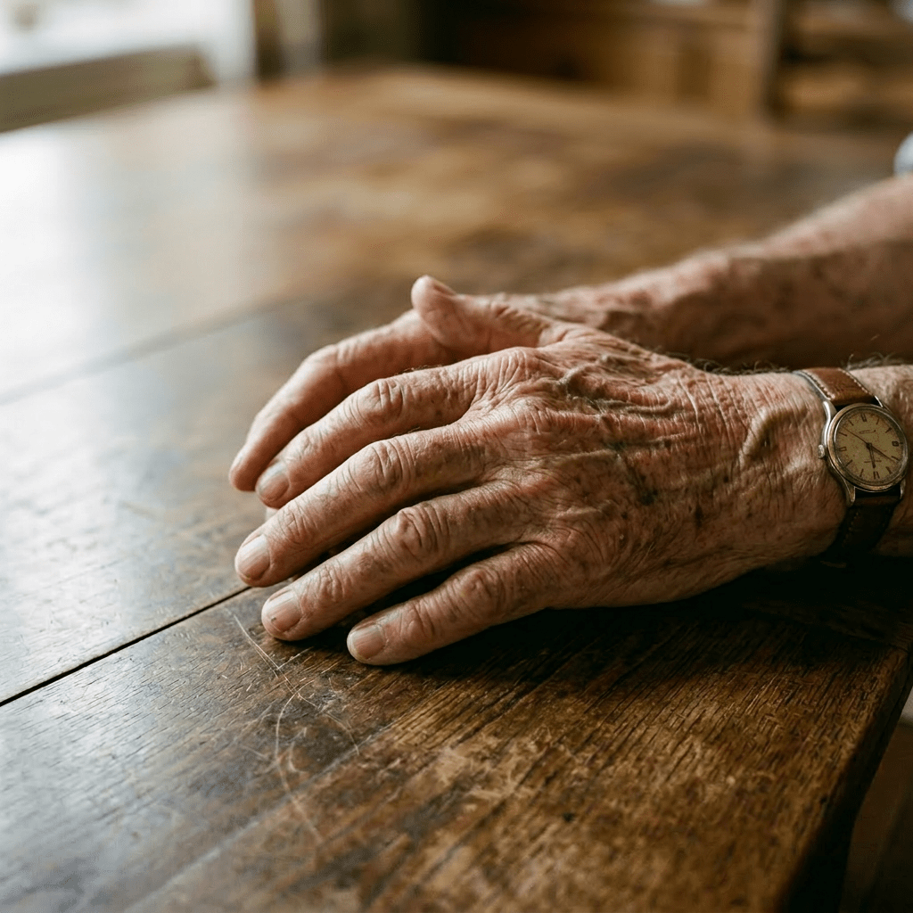 Elderly man resting hands on wooden table with coffee cup and newspaper
