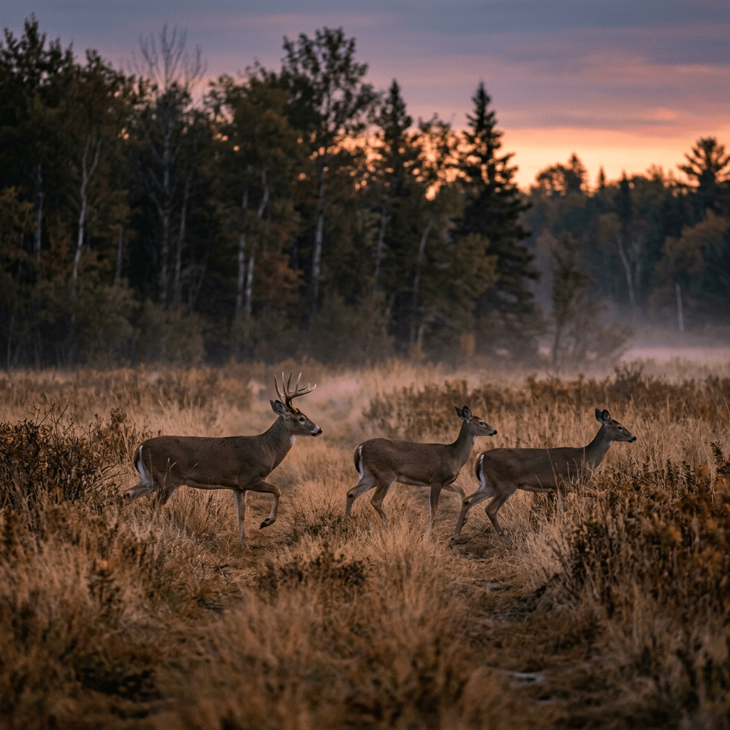 A buck with antlers and two does walking through tall grasses in a forest clearing at sunrise