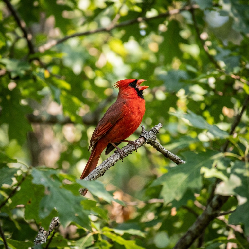 Bright red male cardinal singing on leafy tree branch
